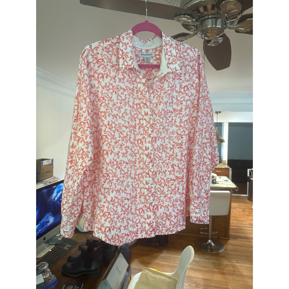 Tommy Bahama Womens Large Linen Blend Coral Reef Print Button Up Shirt Orange. L - Picture 2 of 12